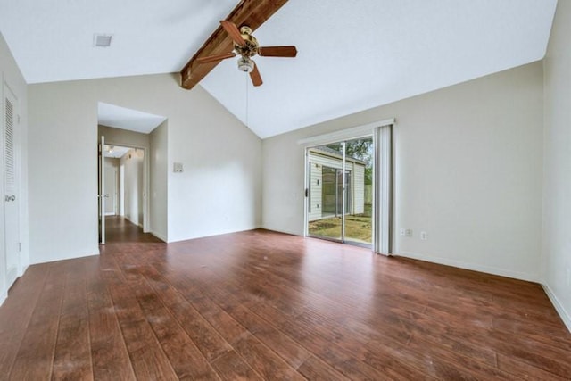 spare room featuring wood finished floors, lofted ceiling with beams, a ceiling fan, and baseboards