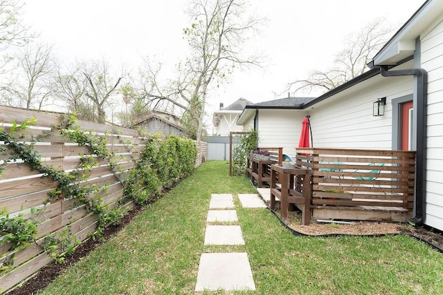 view of yard with a deck and a fenced backyard