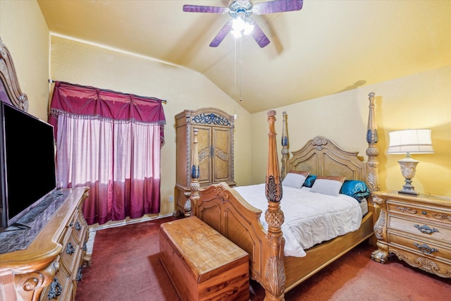 bedroom featuring vaulted ceiling, a ceiling fan, and carpet floors