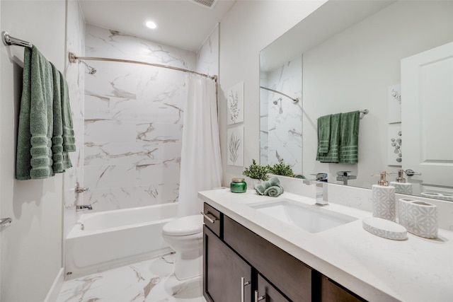 full bath with shower / tub combo with curtain, marble finish floor, toilet, recessed lighting, and vanity