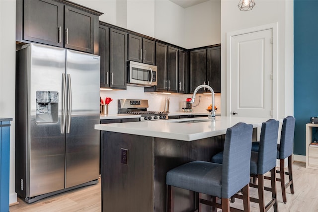 kitchen featuring an island with sink, light countertops, a kitchen breakfast bar, stainless steel appliances, and a sink