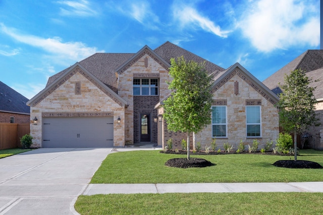 french country home featuring a front yard, an attached garage, stone siding, and driveway