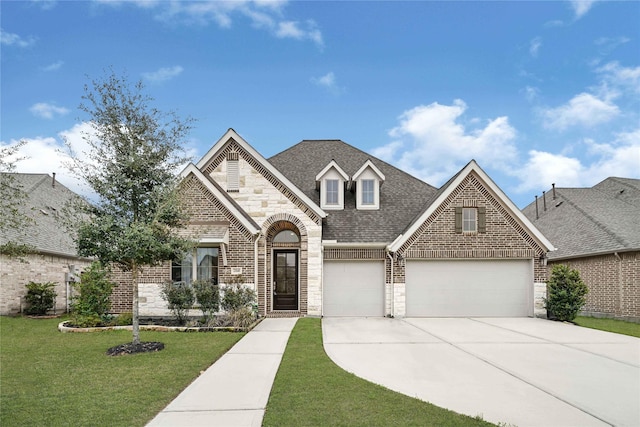 view of front facade featuring brick siding, a shingled roof, a front lawn, stone siding, and driveway