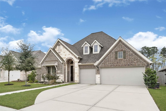 view of front of property with a front yard, concrete driveway, stone siding, and a shingled roof