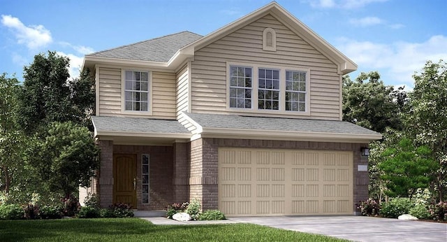 traditional-style home featuring brick siding, concrete driveway, a garage, and roof with shingles