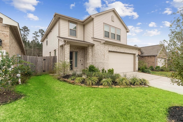 traditional-style house featuring fence, an attached garage, concrete driveway, a front lawn, and brick siding