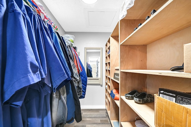 spacious closet with attic access and wood finished floors