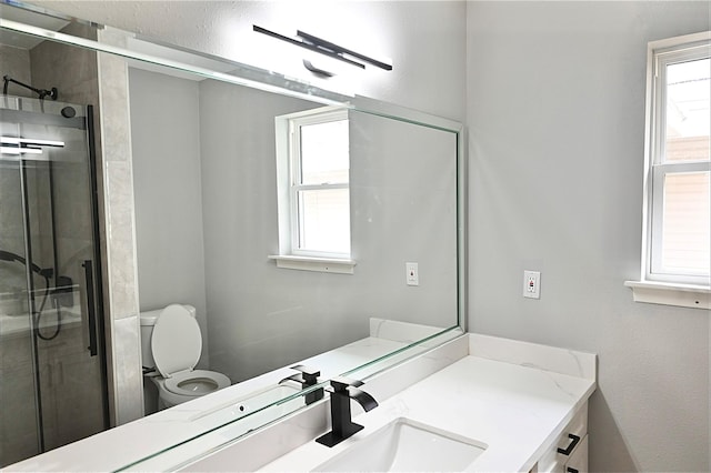 bathroom with toilet, a stall shower, and vanity