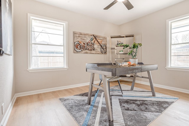 office space with baseboards, a ceiling fan, and wood finished floors