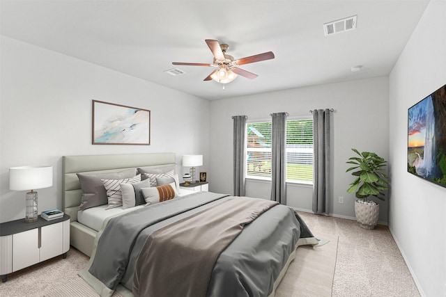 10718 Soapberry Ct, Tomball, TX 77375 - bedroom featuring visible vents, baseboards, ceiling fan, and light carpet