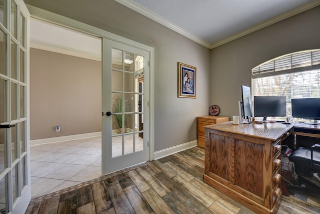 home office featuring french doors, wood finished floors, baseboards, and ornamental molding