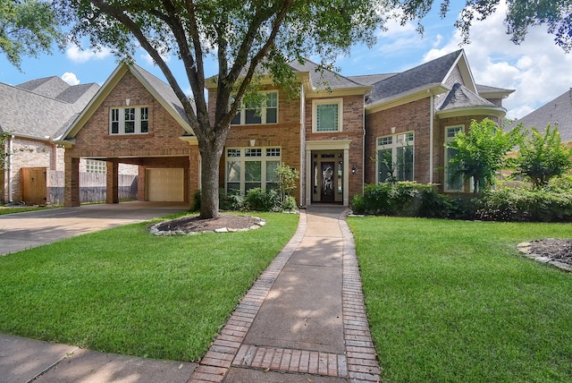 traditional-style home with a front yard, an attached garage, brick siding, and driveway