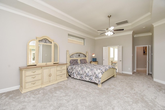 3211 Riviera Dr, Sugar Land, TX 77479 - bedroom featuring visible vents, light carpet, a raised ceiling, and baseboards