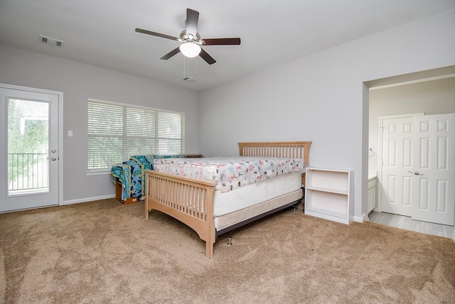 3211 Riviera Dr, Sugar Land, TX 77479 - carpeted bedroom with access to exterior, baseboards, visible vents, and ceiling fan