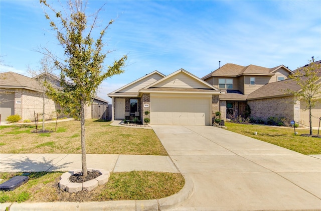 view of front of property with brick siding, an attached garage, concrete driveway, and a front lawn