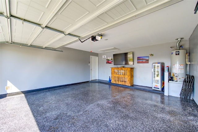 garage with gas water heater and a garage door opener