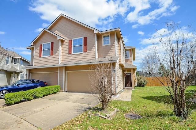 view of front of home featuring concrete driveway, fence, a garage, and a front lawn