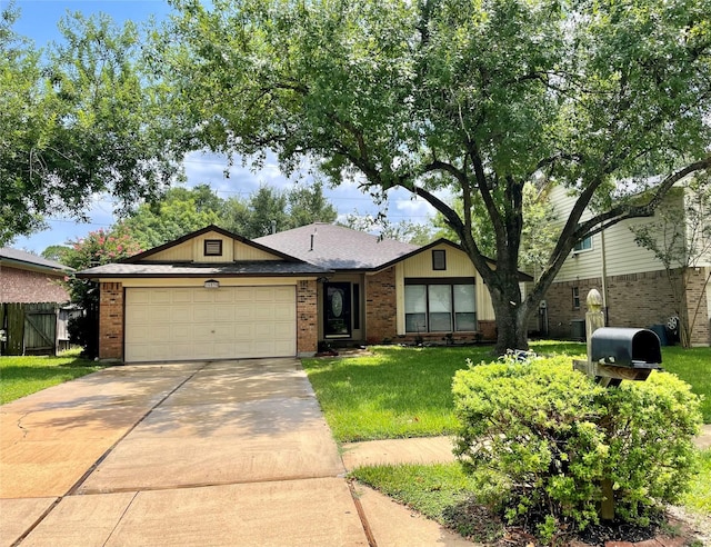 single story home with brick siding, driveway, an attached garage, and a front lawn