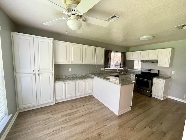 kitchen with light wood-type flooring, under cabinet range hood, a sink, white cabinets, and stainless steel gas range