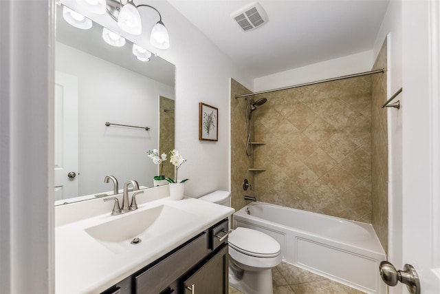 full bath featuring visible vents, toilet, tile patterned flooring, tub / shower combination, and vanity