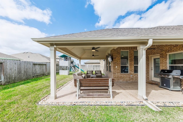 view of patio / terrace with a ceiling fan, an outdoor hangout area, a fenced backyard, and grilling area