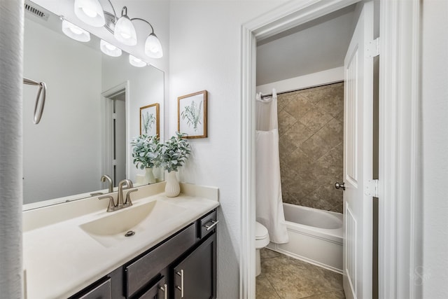 full bath featuring tile patterned floors, visible vents, toilet, shower / tub combo with curtain, and vanity