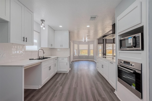 kitchen with visible vents, dark wood-style flooring, a sink, stainless steel appliances, and tasteful backsplash