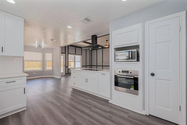 kitchen with visible vents, dark wood finished floors, white cabinetry, stainless steel appliances, and exhaust hood