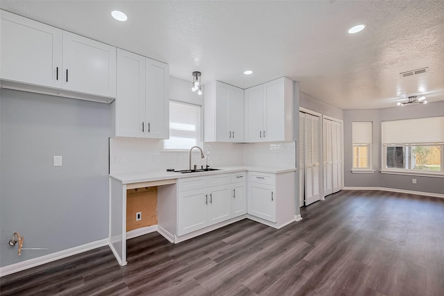 kitchen with a sink, visible vents, decorative backsplash, and white cabinetry