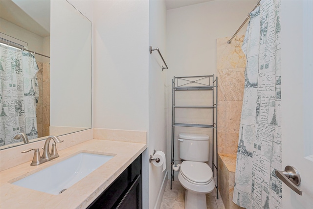 full bathroom with tile patterned flooring, a shower with shower curtain, toilet, and vanity