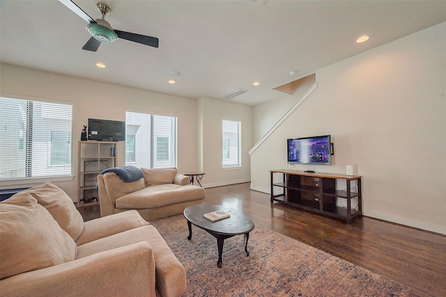 living room with visible vents, baseboards, ceiling fan, recessed lighting, and wood finished floors