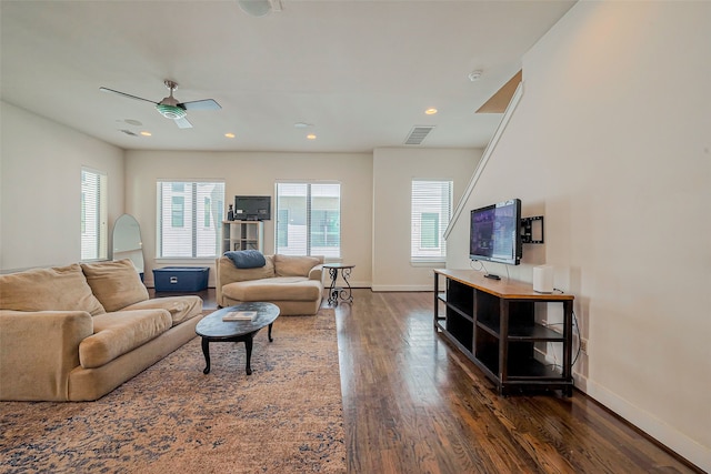 living room featuring visible vents, baseboards, ceiling fan, dark wood finished floors, and recessed lighting