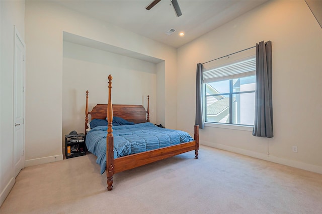 carpeted bedroom featuring visible vents, recessed lighting, baseboards, and ceiling fan