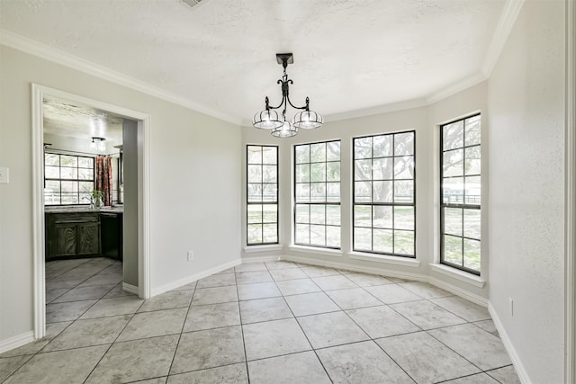 unfurnished dining area featuring a chandelier, light tile patterned floors, a healthy amount of sunlight, and crown molding