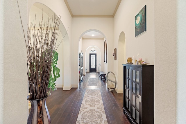 hall featuring baseboards, arched walkways, dark wood-style floors, and ornamental molding