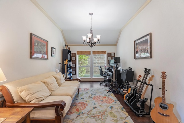 interior space with ornamental molding, a chandelier, dark wood-style flooring, and vaulted ceiling