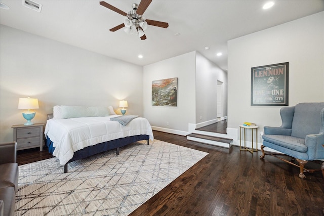 bedroom with visible vents, baseboards, recessed lighting, wood finished floors, and a ceiling fan