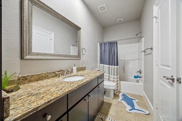 bathroom featuring vanity, visible vents, shower / tub combo, tile patterned floors, and toilet