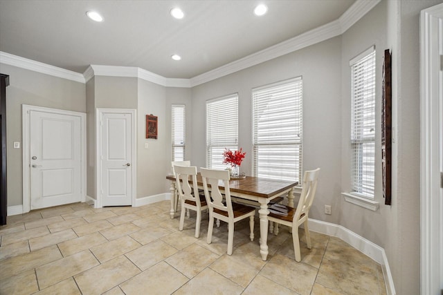 dining room with recessed lighting, baseboards, ornamental molding, and light tile patterned floors