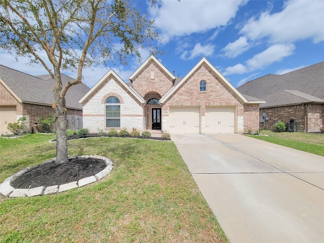 view of front facade with brick siding, an attached garage, concrete driveway, and a front yard