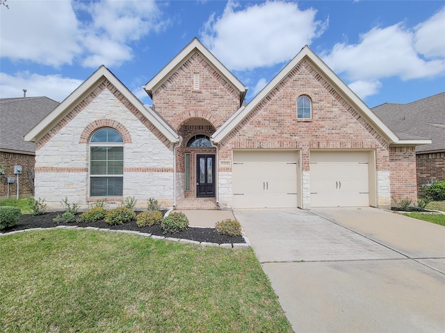 view of front of property with concrete driveway, brick siding, a garage, and a front yard