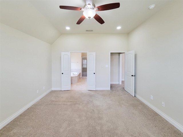 unfurnished bedroom with recessed lighting, light colored carpet, visible vents, and baseboards