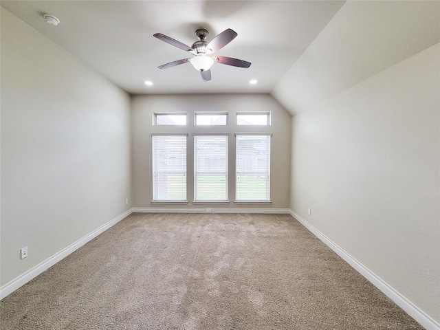 empty room with recessed lighting, light colored carpet, baseboards, and ceiling fan