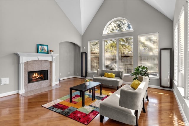 living area featuring a tiled fireplace, wood finished floors, and baseboards