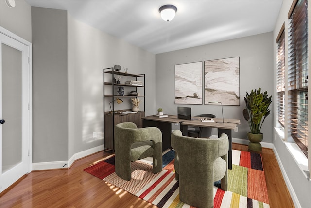 home office with a healthy amount of sunlight, baseboards, and wood finished floors