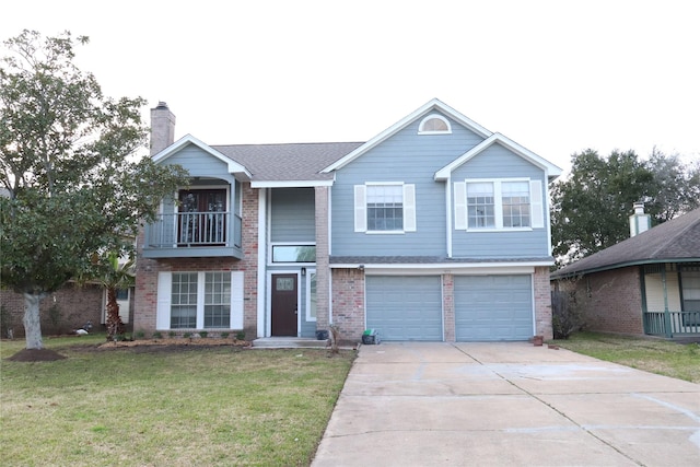 view of front of house featuring a front yard, a balcony, driveway, an attached garage, and brick siding