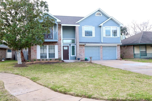 view of front facade with a front lawn, concrete driveway, an attached garage, a balcony, and brick siding