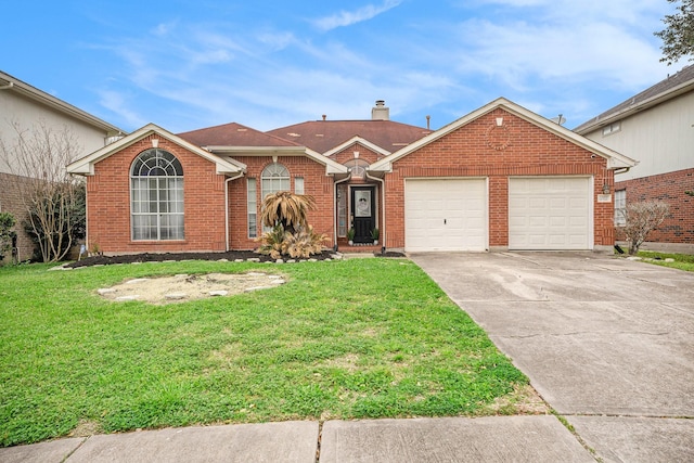 ranch-style house with driveway, a front lawn, an attached garage, brick siding, and a chimney