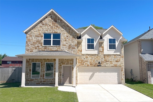 view of front facade featuring stone siding, fence, concrete driveway, a front yard, and a garage