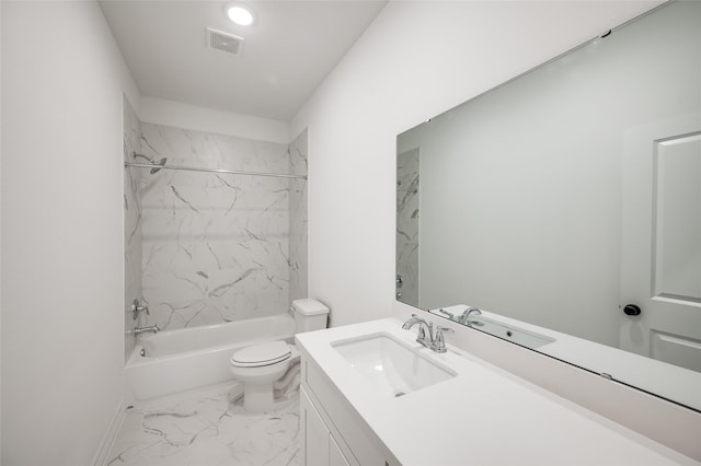 bathroom featuring vanity, visible vents, toilet, marble finish floor, and shower / bathtub combination